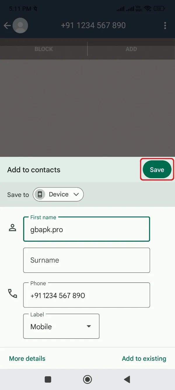 GBWhatsApp Pro Save New Contact