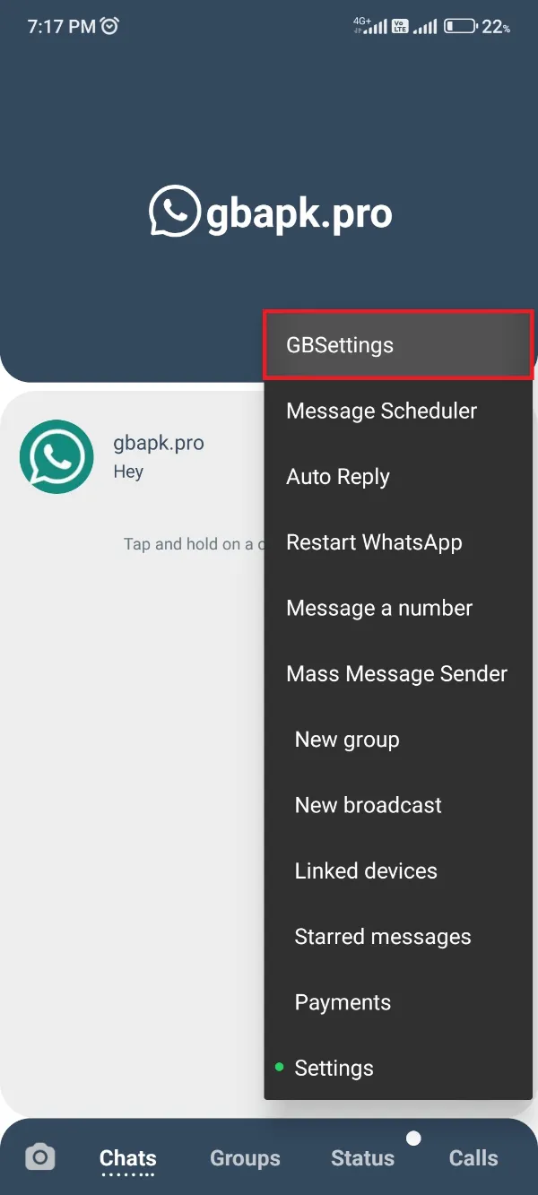 Go To GBWhatsApp Pro GB Settings