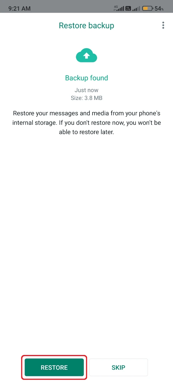 WhatsApp Tap on Restore Backup