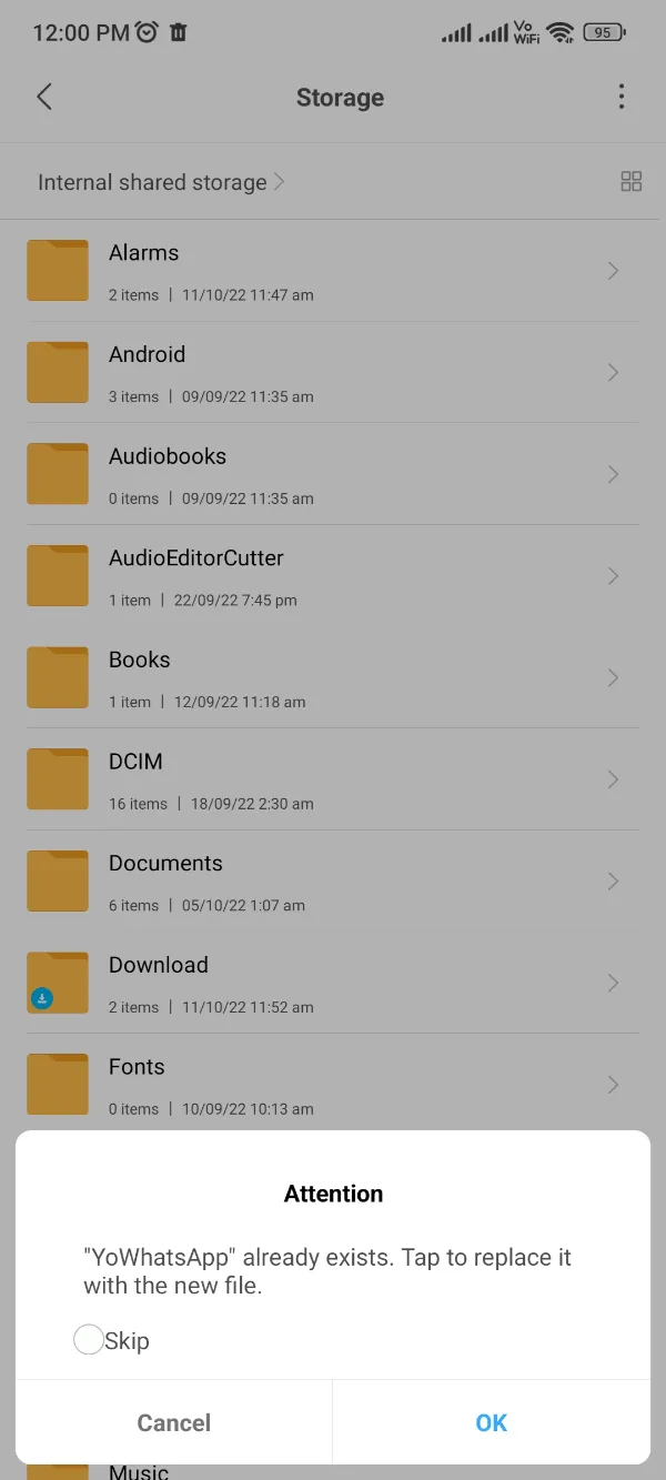 Copy YoWhatsApp Folder to Internal Storage