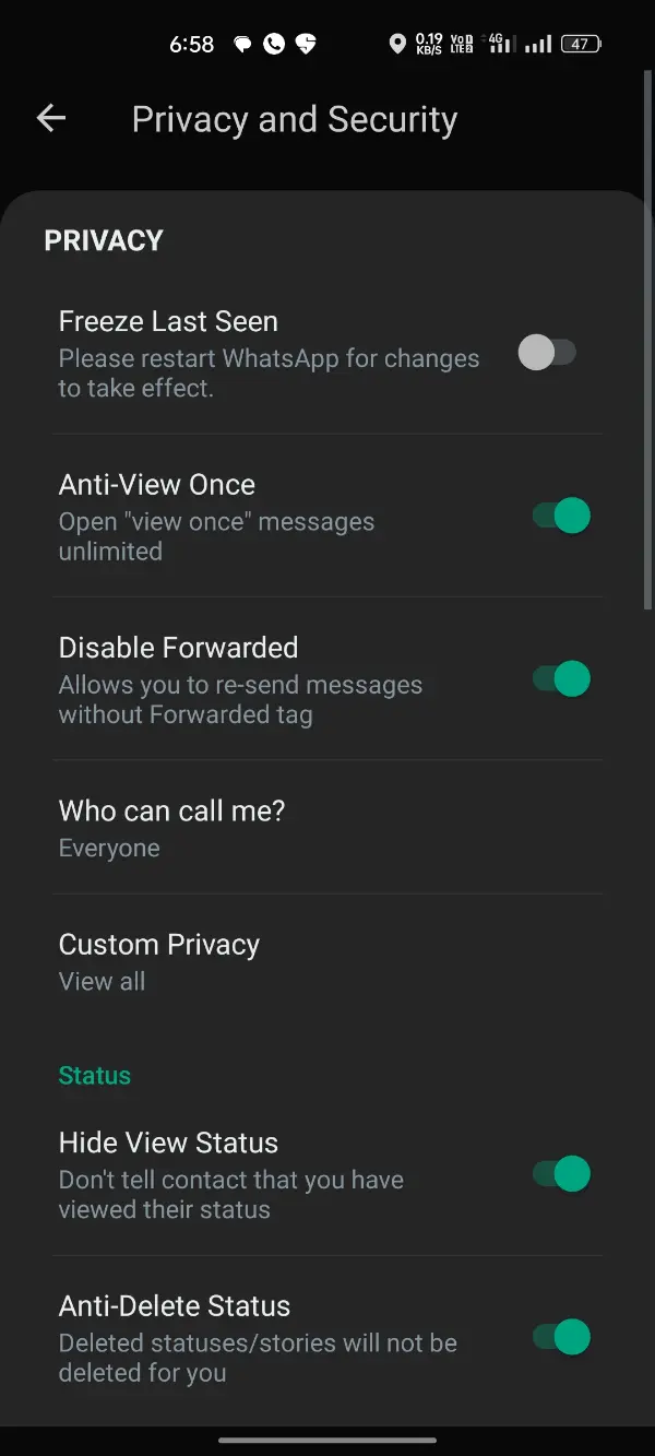 YoWhatsApp Privacy Options