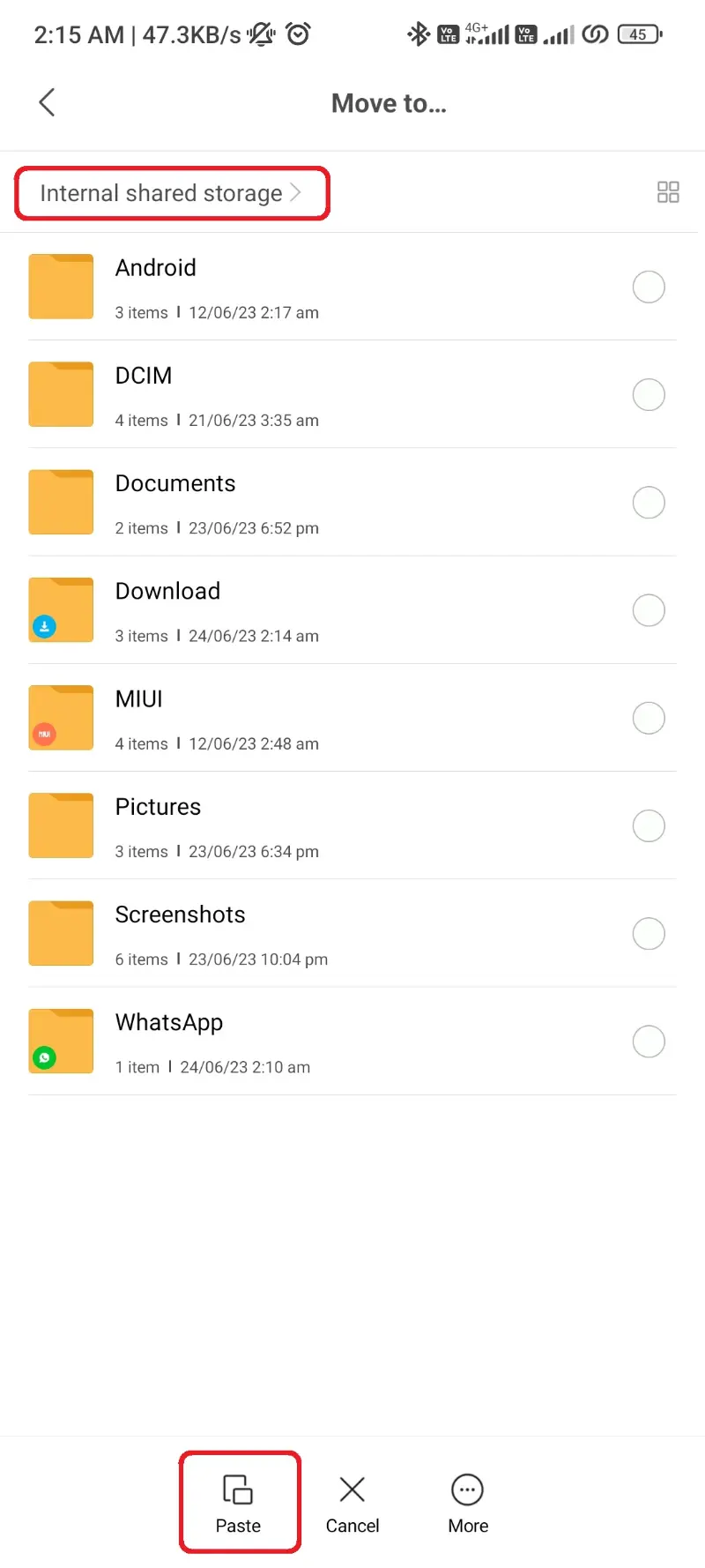 Paster WhatsApp Plus Folder to Internal Storage