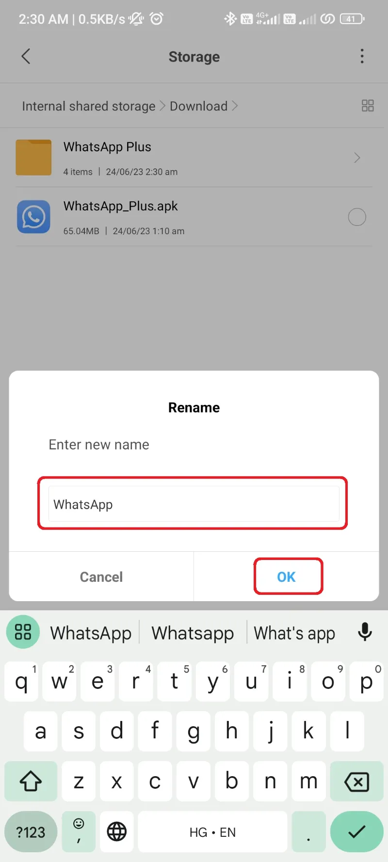 Rename WhatsApp Plus Folder to WhatsApp